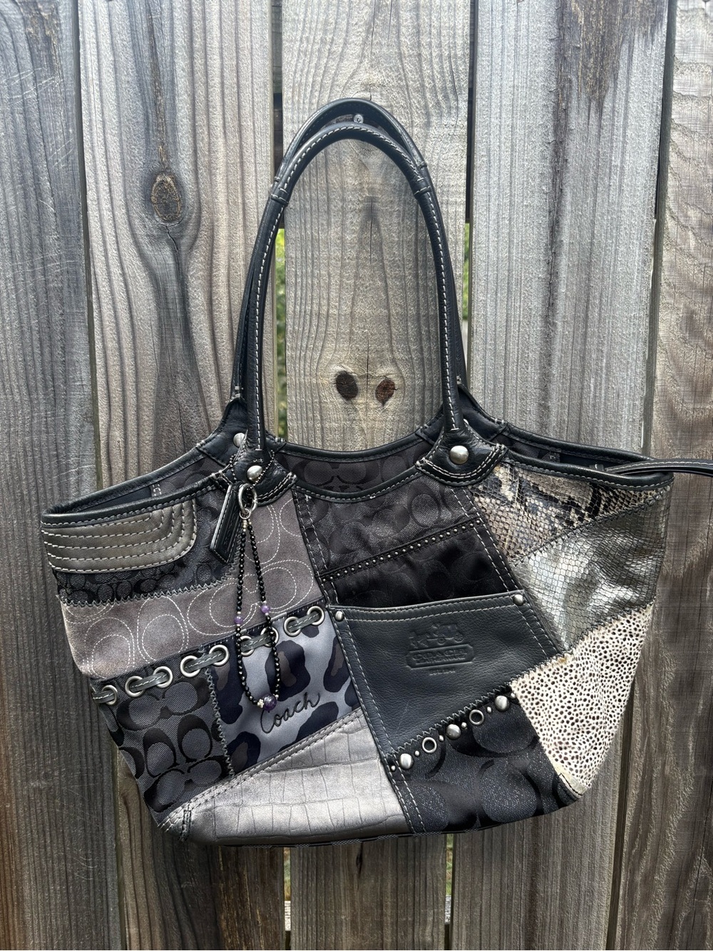 Coach Patchwork Tote in Black and Gray Tones